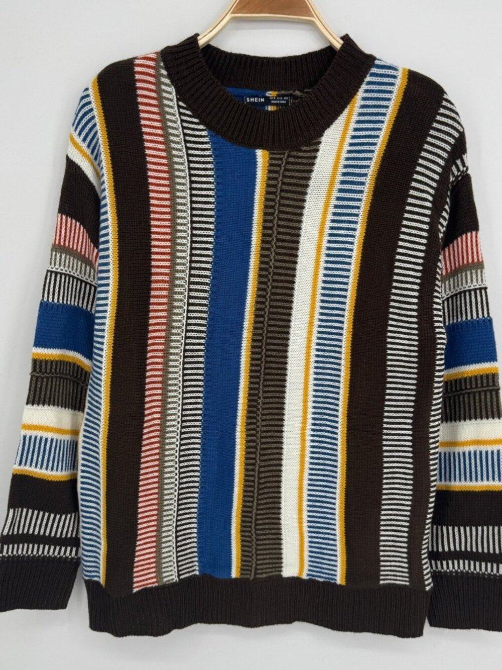 SHEIN Vertical Stripe Knit Sweater Medium Brown Multi Colorblock Retro Preppy
